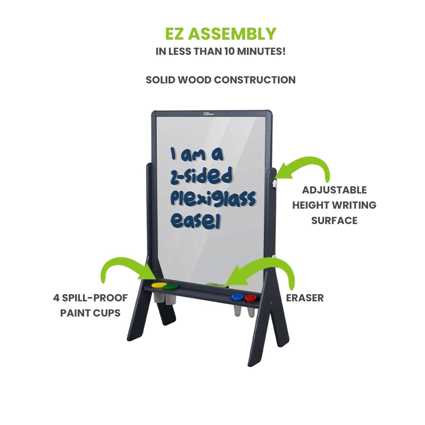 Peek a Boo Easel features include two sided transparent plexiglass surface, Adjustable height writing surface, 4 spill proof paint cups and an eraser.