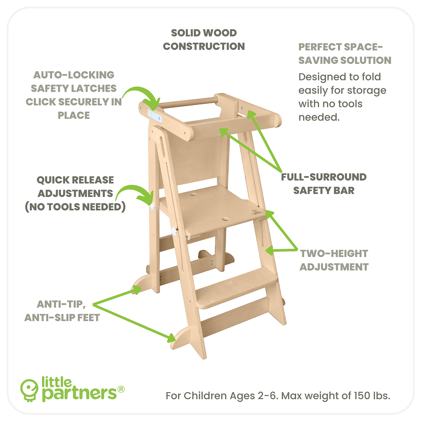 Learn N Fold features include Four sided protection, Adjustable height platform, Anti Tip Base, Solid Wood Construction.