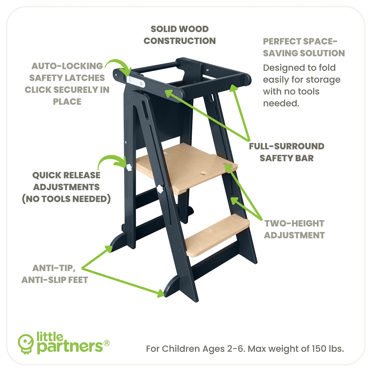 Learn N Fold features include Four sided protection, Adjustable height platform, Anti Tip Base, Solid Wood Construction.