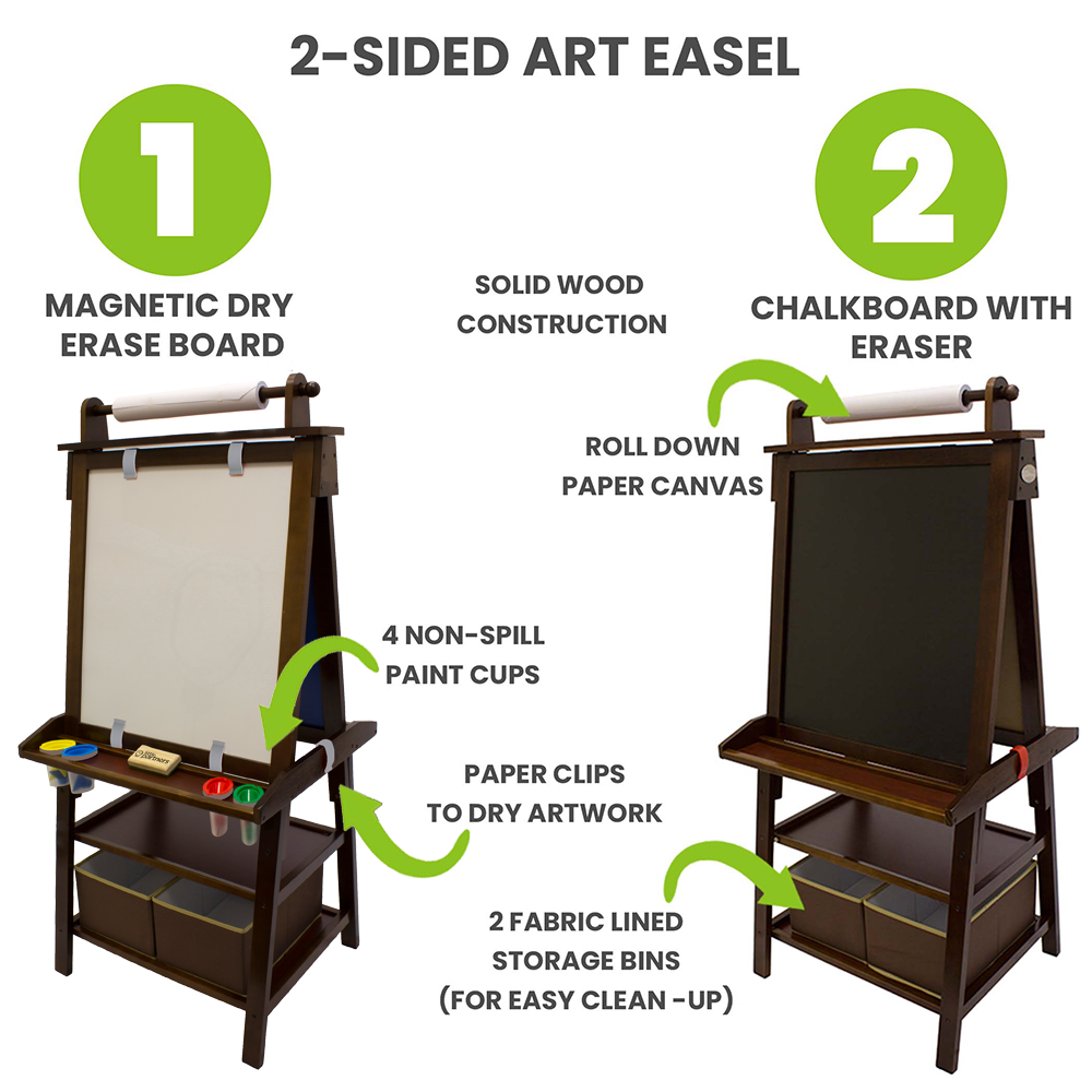 The Deluxe Learn 'N Play Art Center Easel comes with 2 Fabric wipe clean bins, 6 paper clips, paper roll, 4 paint cups, and an eraser.