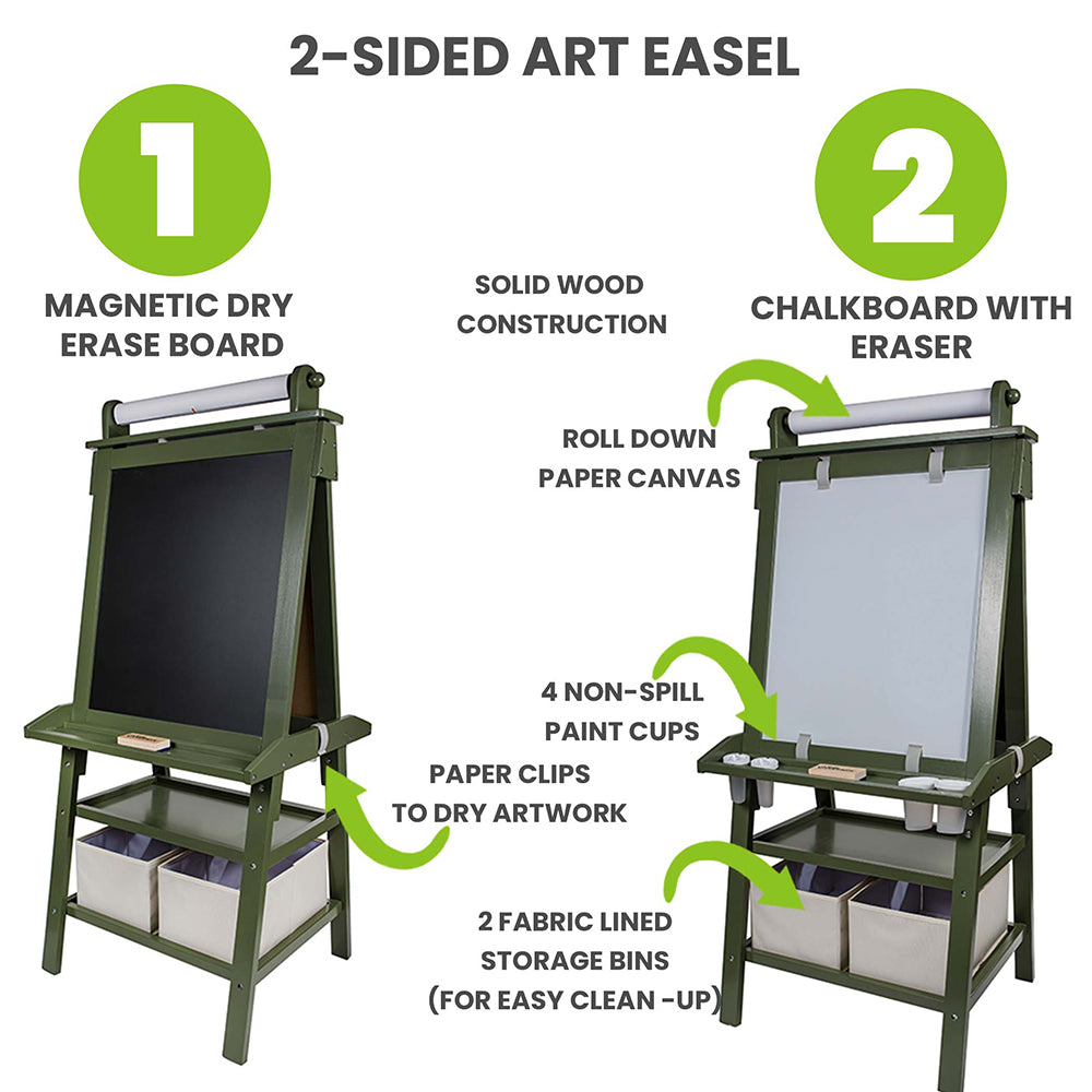 The Deluxe Learn 'N Play Art Center Easel comes with 2 Fabric wipe clean bins, 6 paper clips, paper roll, 4 paint cups, and an eraser.