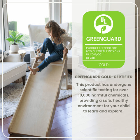 The 2-in-1 Folding Learn N Slide is Greenguard Gold Certified to emit less harmful chemicals, making the air safer for you and your family.