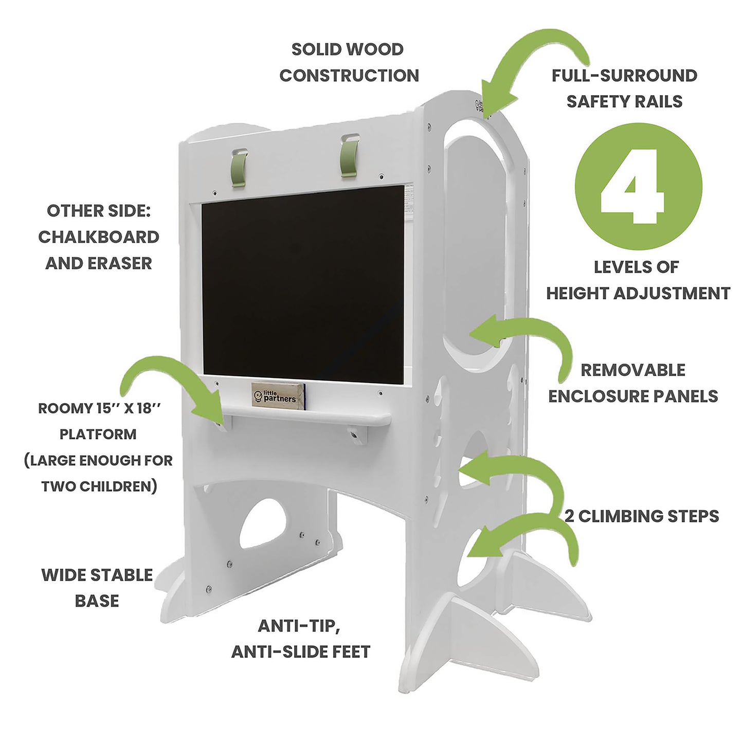 The features of the Limited Edition Learning Tower include an adjustable platform with four height positions, chalkboard with eraser, wide stable base, anti tip feet and removable enclosure panels.