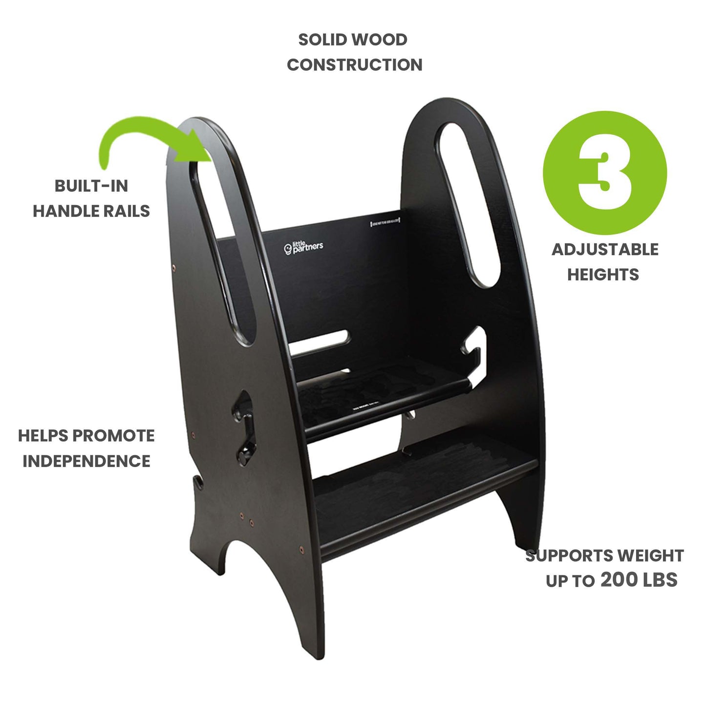 Features of the 3-in-1 Growing Step Stool include 3 adjustable heights, built in hand rails, and sturdy steps that hold up to 200 lbs.