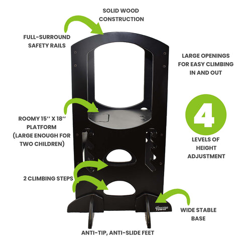 Product Features are four sided protection, sturdy, adjustable platform, extra wide base for stability, large openings for climbing in and out.