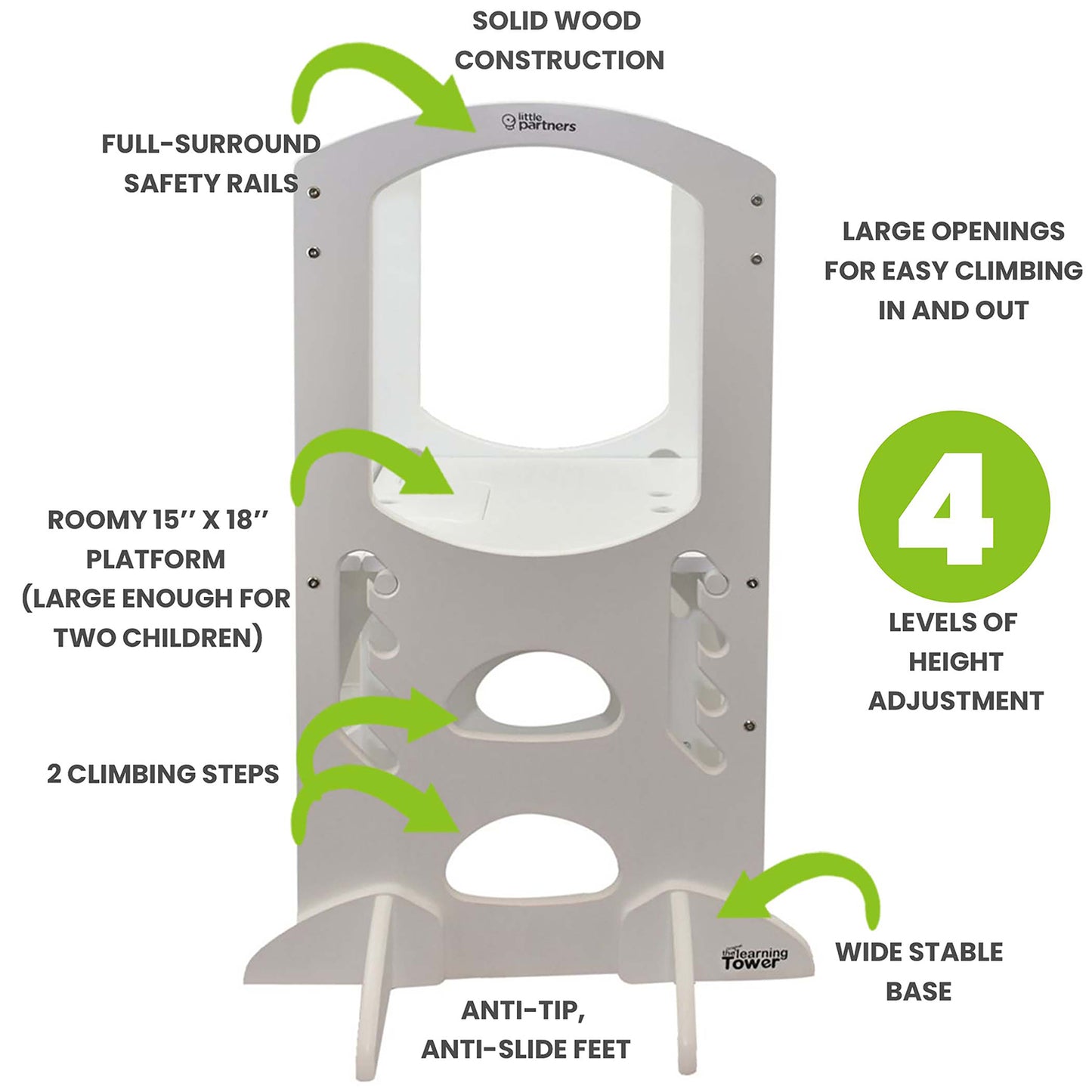 Product Features are four sided protection, sturdy, adjustable platform, extra wide base for stability, large openings for climbing in and out.