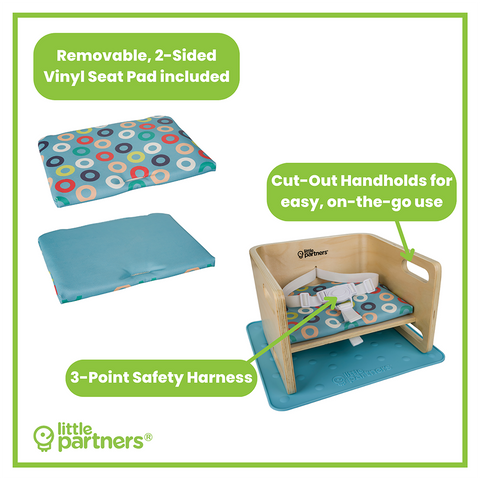 Features of the 3-in-1 Learning Booster Seat and Step Stool include a 2 sided vinyl cushion, 3 point safety harness, and pre cut hand holds.