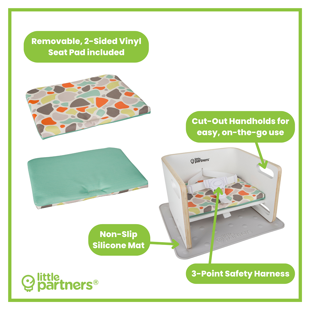 Features of the 3-in-1 Learning Booster Seat and Step Stool include a 2 sided vinyl cushion, 3 point safety harness, and pre cut hand holds.