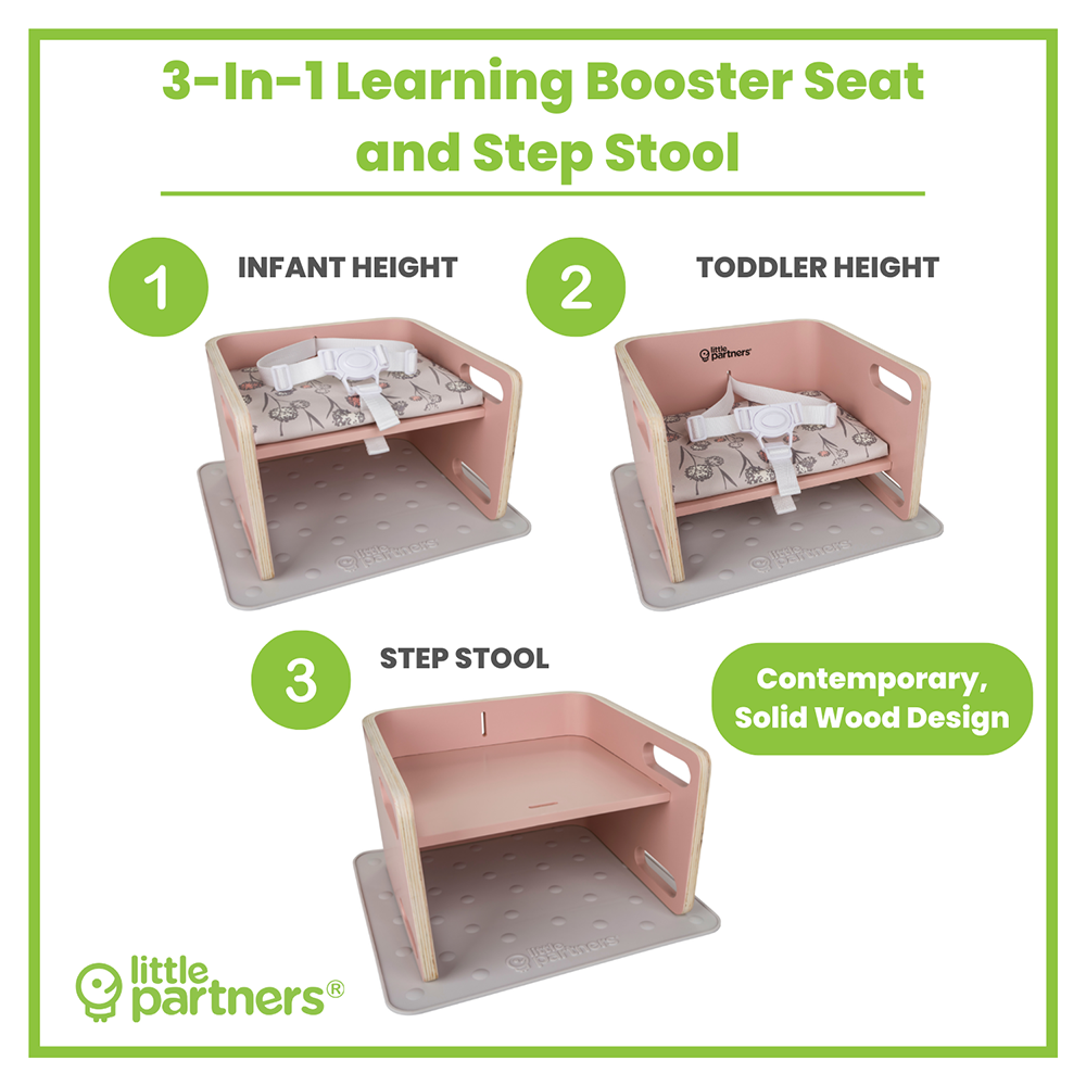 The 3-in-1 Learning Booster Seat and Step Stool has three height positions.