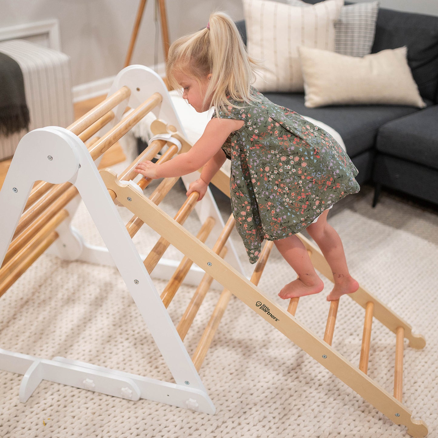 A girl is climbing up the Climbing Ladder, which is connected to the Climbing Triangle.