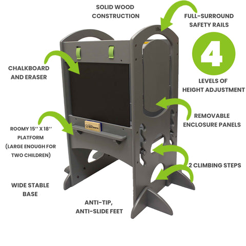 The features of the Limited Edition Learning Tower include an adjustable platform with four height positions, chalkboard with eraser, wide stable base, anti tip feet and removable enclosure panels.